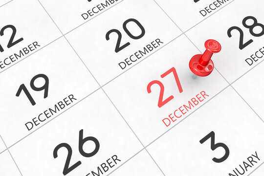 3d rendering of important days concept. December 27th. Day 27 of month. Red date written and pinned on a calendar. Winter month, day of the year. Remind you an important event or possibility.