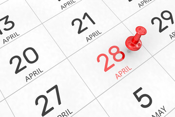 3d rendering of important days concept. April 28th. Day 28 of month. Red date written and pinned on a calendar. Spring month, day of the year. Remind you an important event or possibility.