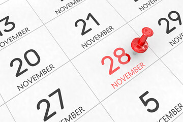 3d rendering of important days concept. November 28th. Day 28 of month. Red date written and pinned on a calendar. Autumn month, day of the year. Remind you an important event or possibility.