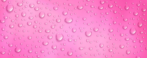Condensation water drops on pink background. Essential oil droplets at rose surface. Realistic dew, condensate from shower steam or fog. Vector 3d illustration of wet red backdrop with serum drops