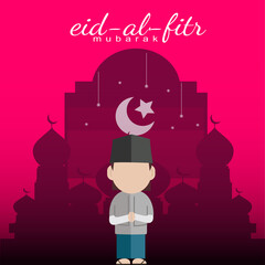 greeting card eid mubarak with  boy flat design character and mosque