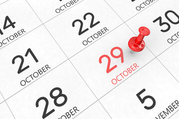3d rendering of important days concept. October 29th. Day 29 of month. Red date written and pinned on a calendar. Autumn month, day of the year. Remind you an important event or possibility.