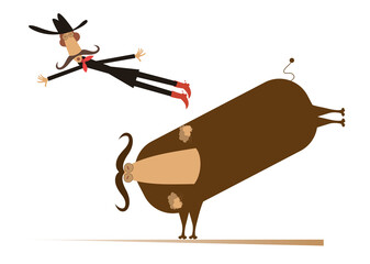 Man or cowboy falls from the bull illustration.
Comic man or cowboy in Stetson hat falls from the bull isolated on white
