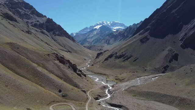 Aconcagua, the highest mountain in America, from the top of Horcones lagoon trail.