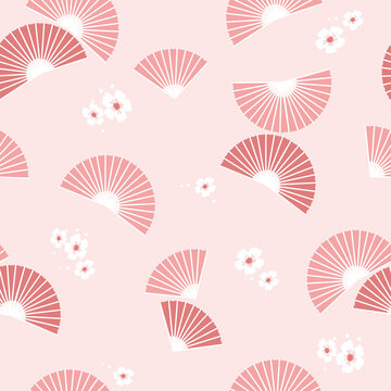 Delicate Seamless Fan Pattern With Cherry Blossoms. White Flowers On A Pink Background. Asian Japanese National Accessories, Style. Vector Graphics.