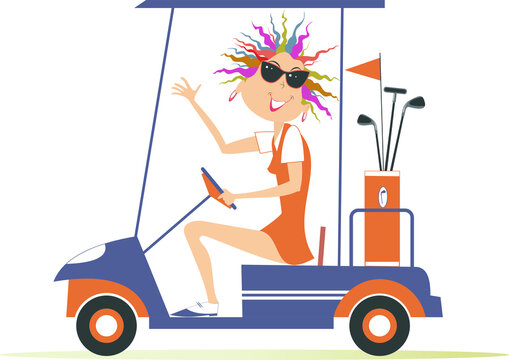 woman driving golf cart waving hello clip art preview