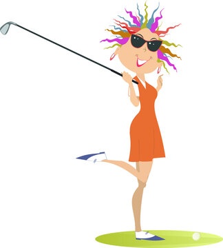 Young golfer woman on the golf course illustration. Cartoon smiling golfer woman in sunglasses holds a golf club isolated on white