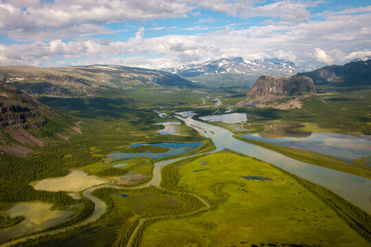 The view from a helicopter flying above Rapadalen valley, Sarek National park, Swedish Lapland.