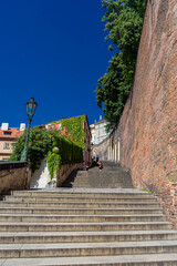 PRAGUE, CZECH REPUBLIC, 31 JULY 2020: Stairway for the upper part of the city center