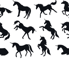 Vector seamless pattern of hand drawn unicorn silhouette isolated on white background