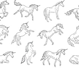 Vector seamless pattern of hand drawn doodle sketch unicorn isolated on white background