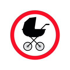 Fototapeta na wymiar Vector flat baby pram silhouette in red circle isolated on white background. No child stroller sign