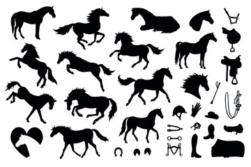 Vector set bundle of hand drawn horse and equestrian equipment silhouette isolated on white background