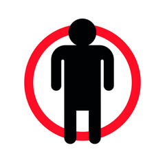 Vector flat man silhouette in red circle isolated on white background. No people stroller sign