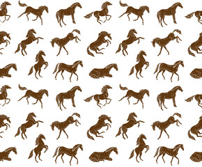 Vector seamless pattern of different hand drawn doodle sketch horse isolated on white background