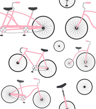 Vector seamless pattern of flat cartoon pink bicycle isolated on white background