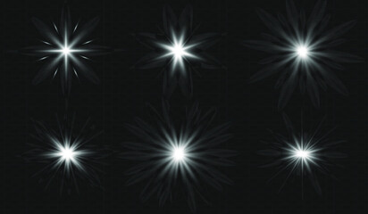 Set of vector transparent flash light effect, sunlight special lens. Bright gold flashes and glares
