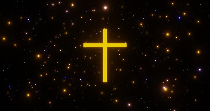 3d render with a bright glowing golden cross on a background of stars
