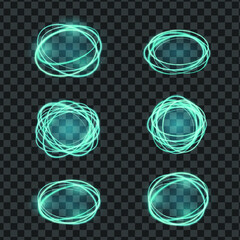 Set o fire light neon circles, vector sparkling gold glitter glow flare effect, spiral spin twirls