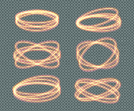 Set o fire light neon circles, vector sparkling gold glitter glow flare effect, spiral spin twirls