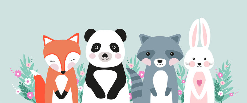 Cute vector animals Raccoon, Fox, Panda and Bunny. Fresh summer banner with floral filling. Images of animals on a green background. For decorating a children's room or children's entertainment center