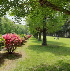 若葉の美しい5月・銀杏並木で犬を散歩させる人