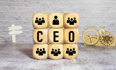The word CEO chief executive officer on wooden cubes on yellow background.