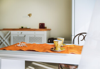 Interior design of an apartment room thoughtfully arranged and ready for departure — a serene,...