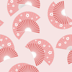 Delicate seamless fan pattern with cherry blossoms. White flowers on a pink background. Asian Japanese national accessories, style. Vector graphics.