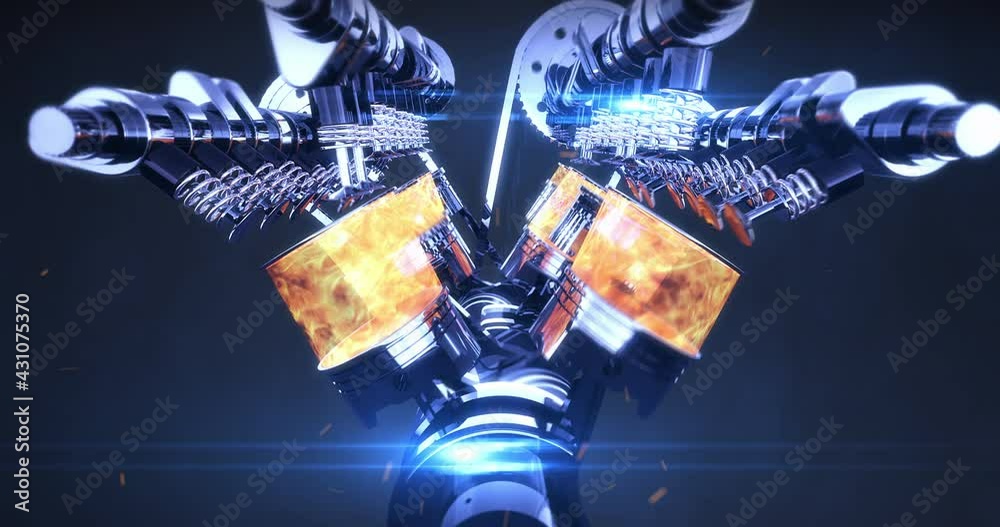 Poster fast powerful sport car racing. v8 engine in motion with explosions and flames. industry and technol