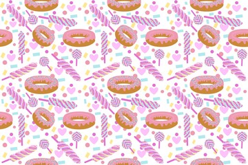 A repeating pattern of donuts with pink glaze, multi-colored chocolates on sticks on a background of caramel sprinkles of different shapes and hearts for printing