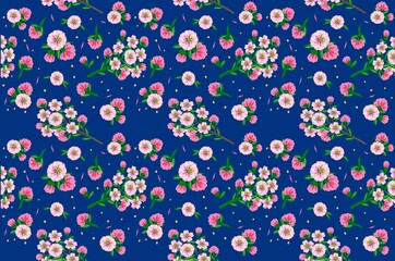 Pink flowers on a branch with green leaves and solitary on a dark blue background, pattern for textiles and paper