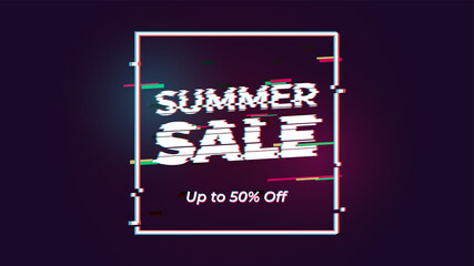 Summer sale vector poster with 50% off discount text in colorful backgrounds for store marketing promotion. Vector illustration. Glitch design.
