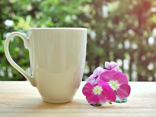 White coffee cup with pink flowers in garden blurred background ,morning fresh and hot tea  ,cup of tea and flowers