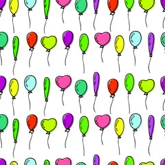 Seamless pattern of four balloons of different shapes and colors on strings. Hand drawn sketchy doodle style. Concept for Valentine’s day, recreation, park, festival, toys, baby shower design and logo