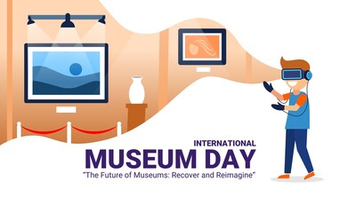 Vector illustration of a boy observing the contents of the museum virtually, as a banner for international museum day, with the theme "The Future of the Museum: Restore and Reimagine".