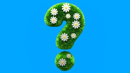 Question mark grass font with flower chamomile isolated on blue background. Concept of grassed question symbol. Metaphor for nature, conservation, organic, growth, environment, ecology. 3D rendering