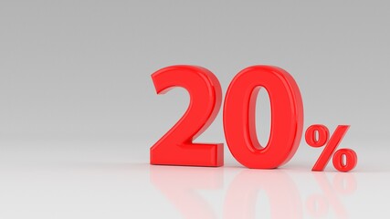 20 percent red isolated on white grey background. 20% off discount promotion sale. Sales concept. Special Offer. 3D Digits Banner, Design Template Icon. Selling poster, banner ads. 3d illustration
