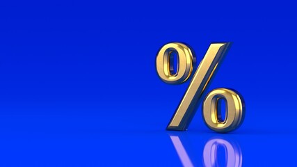 Glossy iron golden percent sign isolated on blue background. Seasonal sales background with percent discount pattern. Business illustration. Discount concept. 3D rendering