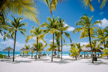 Palm Beach Aruba Caribbean, white long sandy beach with palm trees at Aruba Antilles - obrazy, fototapety, plakaty