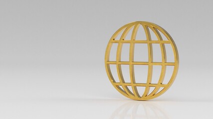 Golden World planet sign isolated on gray white background. Earth sphere illustration. Technology, internet and social network concept. 3D render