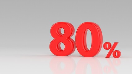 80 percent red isolated on white grey background. 80% off discount promotion sale. Sales concept. Special Offer. 3D Digits Banner, Design Template Icon. Selling poster, banner ads. 3d illustration