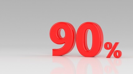 90 percent red isolated on white grey background. 90% off discount promotion sale. Sales concept. Special Offer. 3D Digits Banner, Design Template Icon. Selling poster, banner ads. 3d illustration