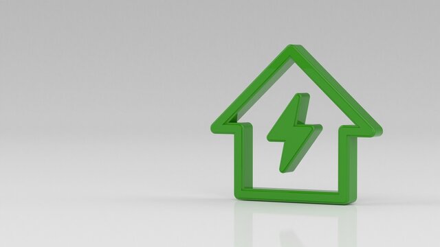 Green Eco House sign isolated on grey background. Electricity home icon. Minimalism concept. Elements for Web, Internet, App, Advertisement, Promotion. 3d rendering