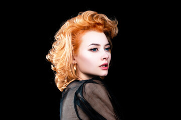 Woman with redhead in black studio, isolated headshot portrait.