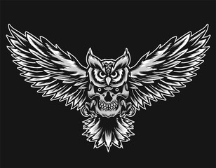 illustration vector owl bird skull ob black background