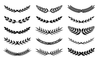 Set of black silhouette semicircular form vintage wreath. Floral leaf ornament frame for your design depicting foliate border. Icon laurel or olive branch. Great for greeting card. Vector illustration