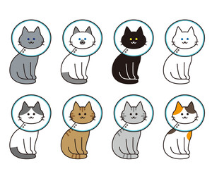 エリザベスカラーを付けた様々な猫種の全身セット