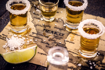 glass of gold tequila with old mexico map in the background, image celebration tequila day - obrazy, fototapety, plakaty