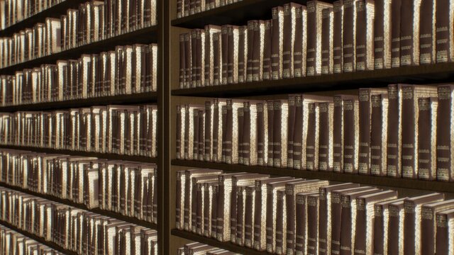 Endless Bookshelf Of Wall Of Books In Old Antique Brown Library Aisle - Abstract Background Texture